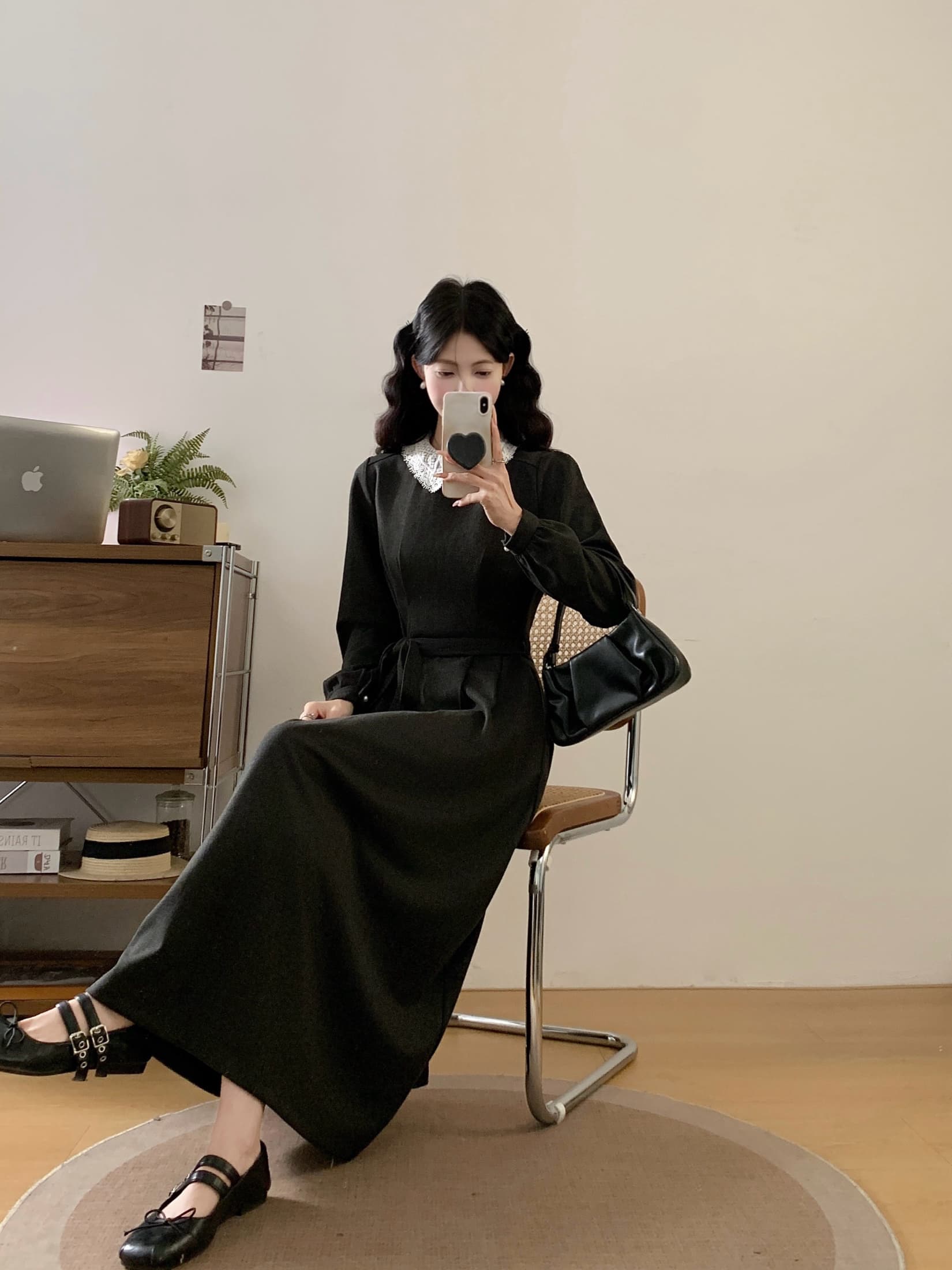 실사 2026 가을 겨울 프랑스식 품격 허리 수축 슬림해 보이는 드레스 작은 키 베이비 칼라 중간 길이 A라인 스커트 상세 이미지 9