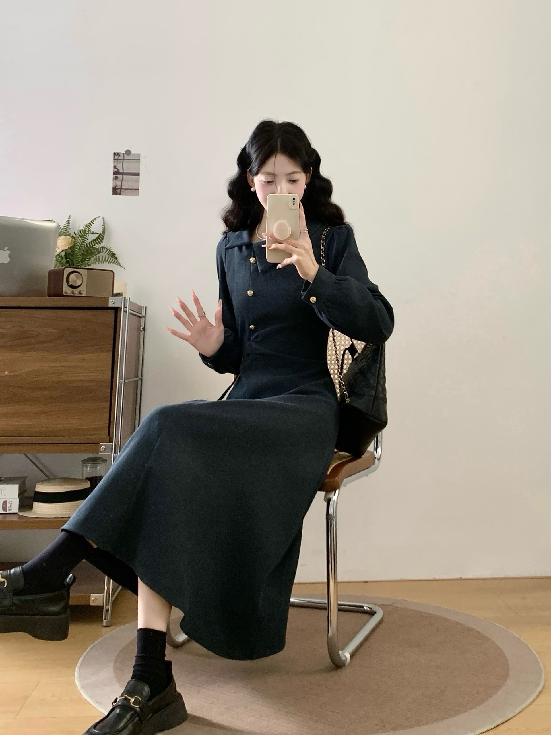 실사 2026 빅 사이즈 여성 의류 가을 겨울 새로운 프랑스식 허리 수축 슬림해 보이는 드레스 고유 한 품격 중간 길이 스커트 상세 이미지 11