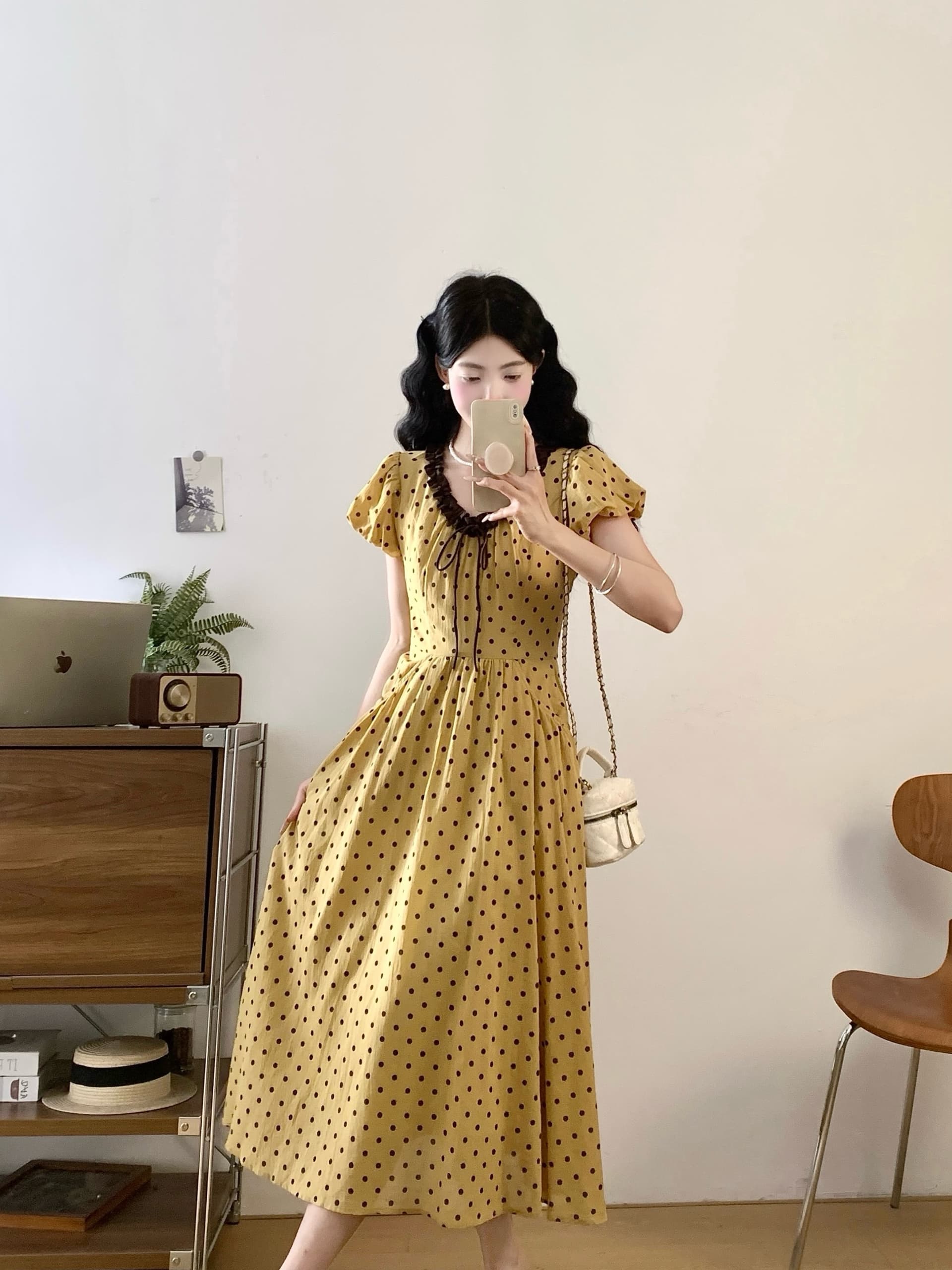 실사 2026 새로운 프랑스식 도트 무늬 빅 사이즈 여성 드레스 V넥 프릴 허리 수축 꽃밭 소매 주머니 치마 상세 이미지 10