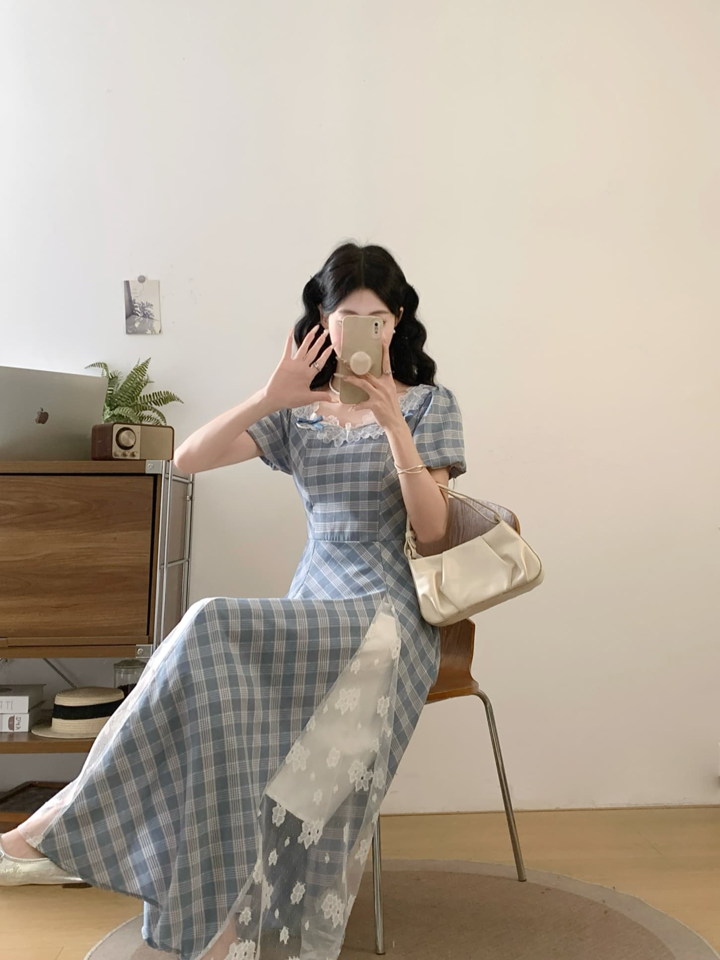 실사 2026 새로운 프랑스식 광장 칼라 레이스 조각 체크무늬 빅 사이즈 드레스 아름다운 고유 한 작은 대중 치마 상세 이미지 12