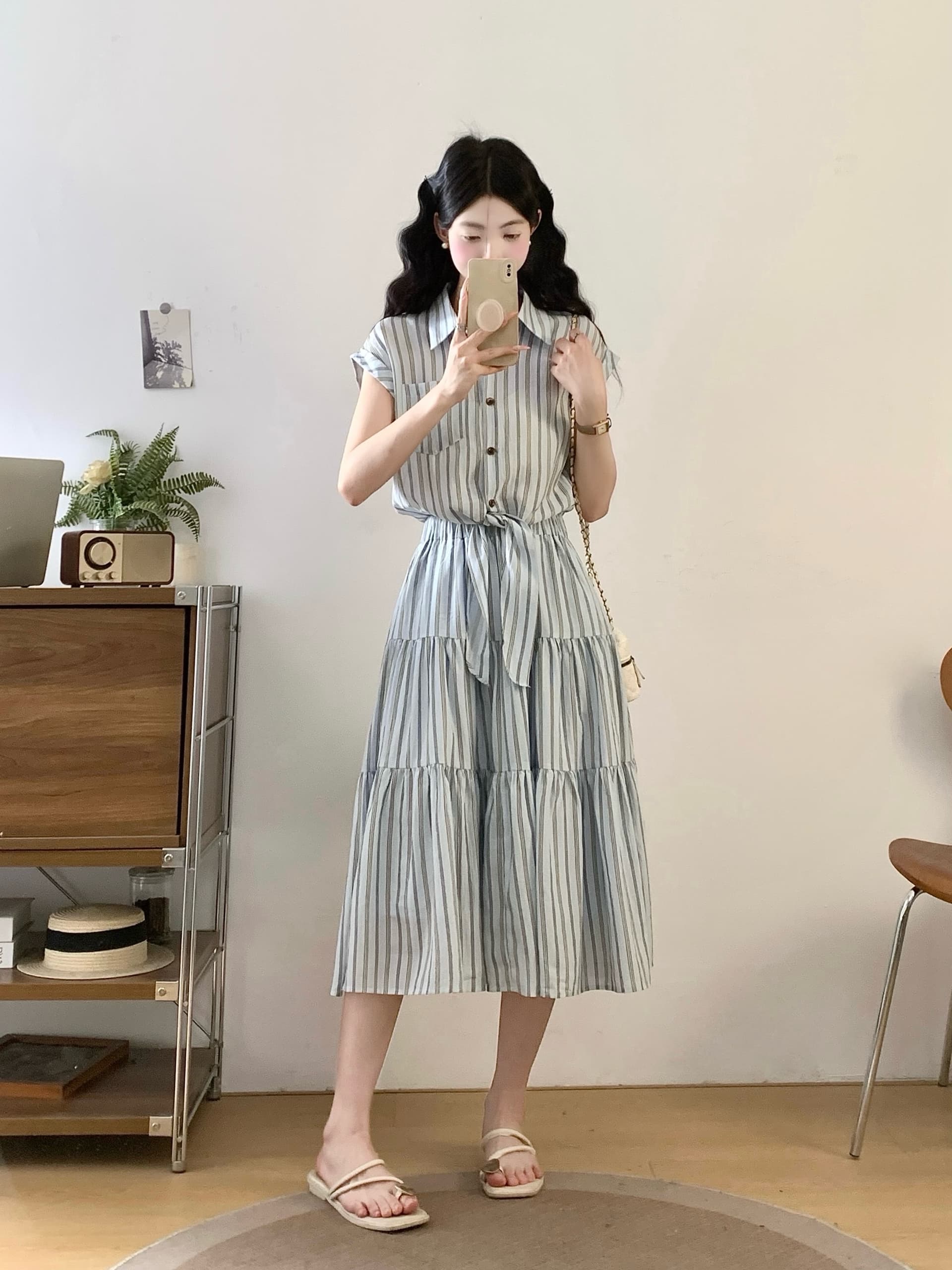 실사 2026 프랑스식 허리 수축 슬림해 보이는 페이크 레이어드 빅 사이즈 드레스 레트로 스트라이프 디자인 센스 셔츠 드레스 상세 이미지 8