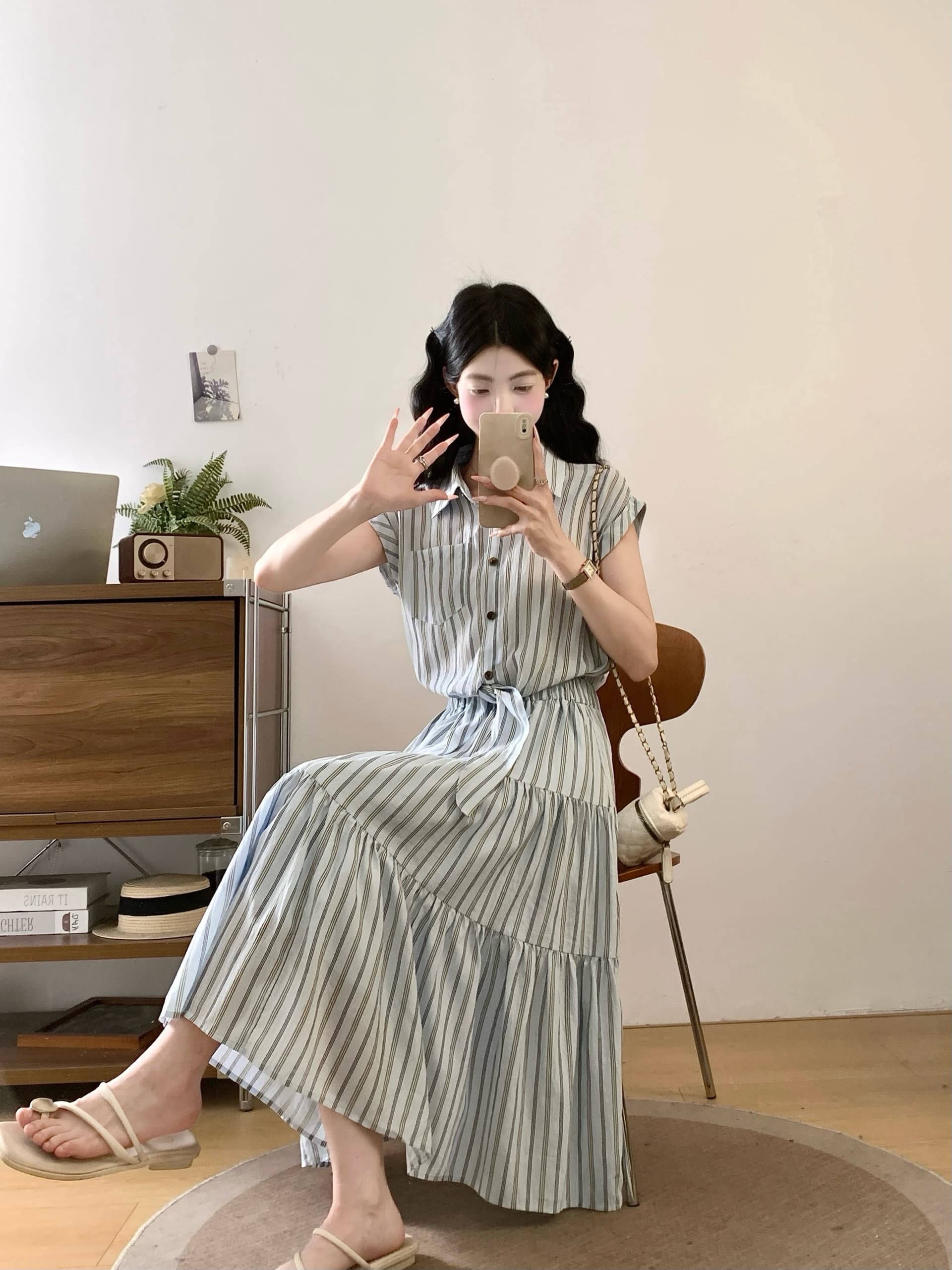 실사 2026 프랑스식 허리 수축 슬림해 보이는 페이크 레이어드 빅 사이즈 드레스 레트로 스트라이프 디자인 센스 셔츠 드레스 상세 이미지 11