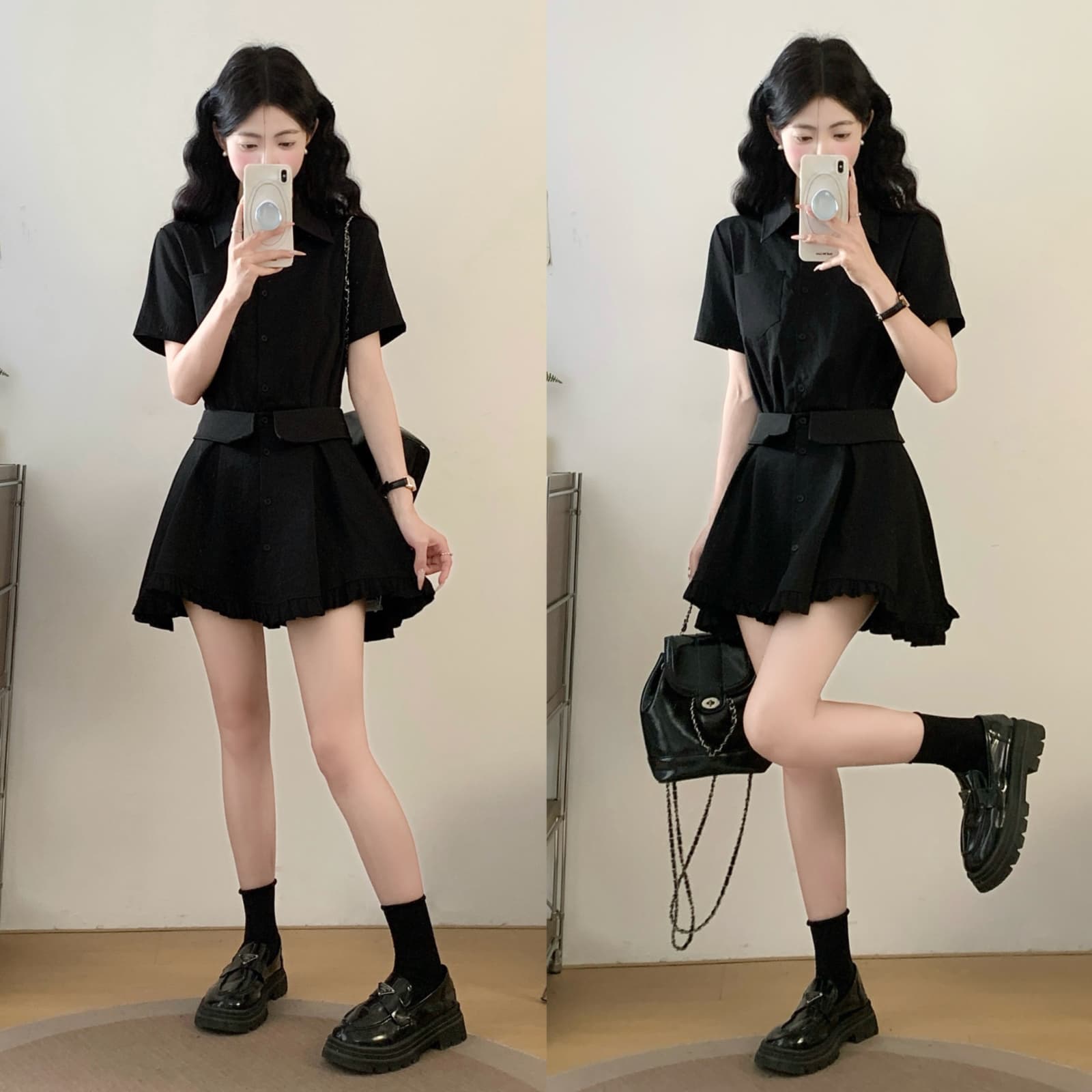 실사 2026 빅 사이즈 여성 의류 프랑스식 품격 페이크 레이어드 셔츠 드레스 지방 mm 고급 센스 프릴 드레스 상세 이미지 1