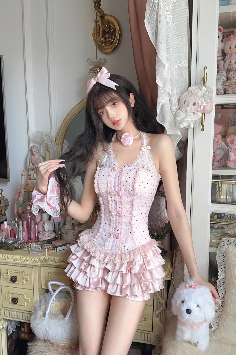 순수한 욕망 바람 고급 센스 핫걸 나비 매듭 레이스 몸매 가꾸기 행침 목 레이스업 맨위 다중 레이어 퍼프 스커트 미니 스커트 세트 이미지 5