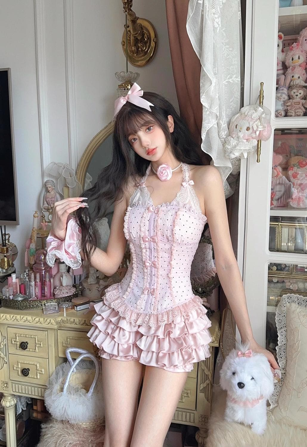 순수한 욕망 바람 고급 센스 핫걸 나비 매듭 레이스 몸매 가꾸기 행침 목 레이스업 맨위 다중 레이어 퍼프 스커트 미니 스커트 세트 상세 이미지 1
