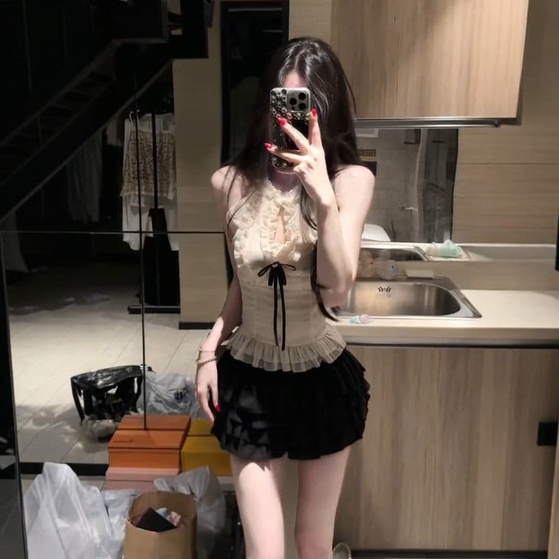 여름 프랑스식 순수한 욕망 바람 프릴 홀로우 아웃 디자인 행침 목 민소매 맨위 검정색 케이크 반신 치마 세트 여성 상세 이미지 1