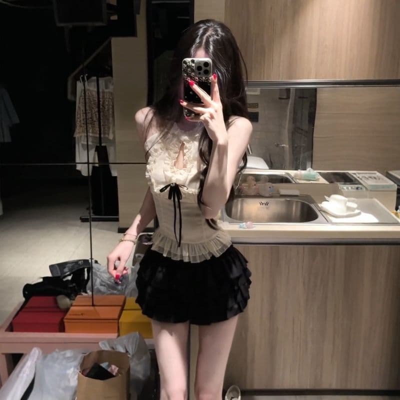 여름 프랑스식 순수한 욕망 바람 프릴 홀로우 아웃 디자인 행침 목 민소매 맨위 검정색 케이크 반신 치마 세트 여성 상세 이미지 4