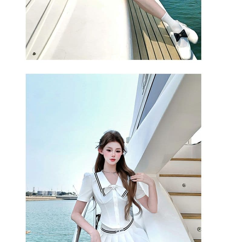 학원 스타일 달콤함 디자인 소녀 순수한 욕망 해군 칼라 달콤한 매운맛 페이크 레이어드 맨위 하이웨이스트 플리츠 미니 스커트 투피스 세트 상세 이미지 3