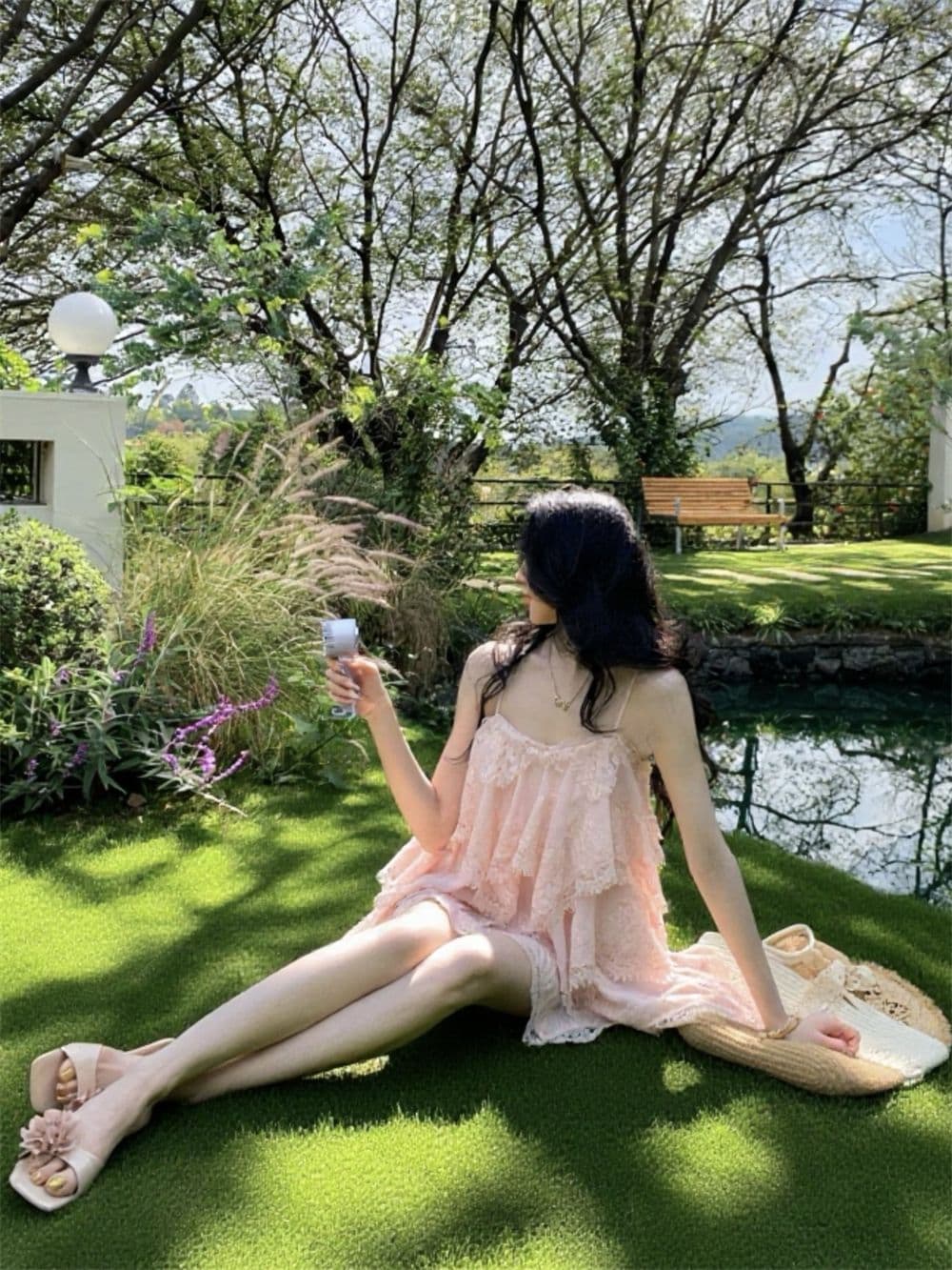 프랑스식 달콤함 휴가 바람 핑크색 레이스 슬립 드레스 여름 새로운 연령 감소 허리 수축 불규칙 미니 스커트 여성 이미지 2