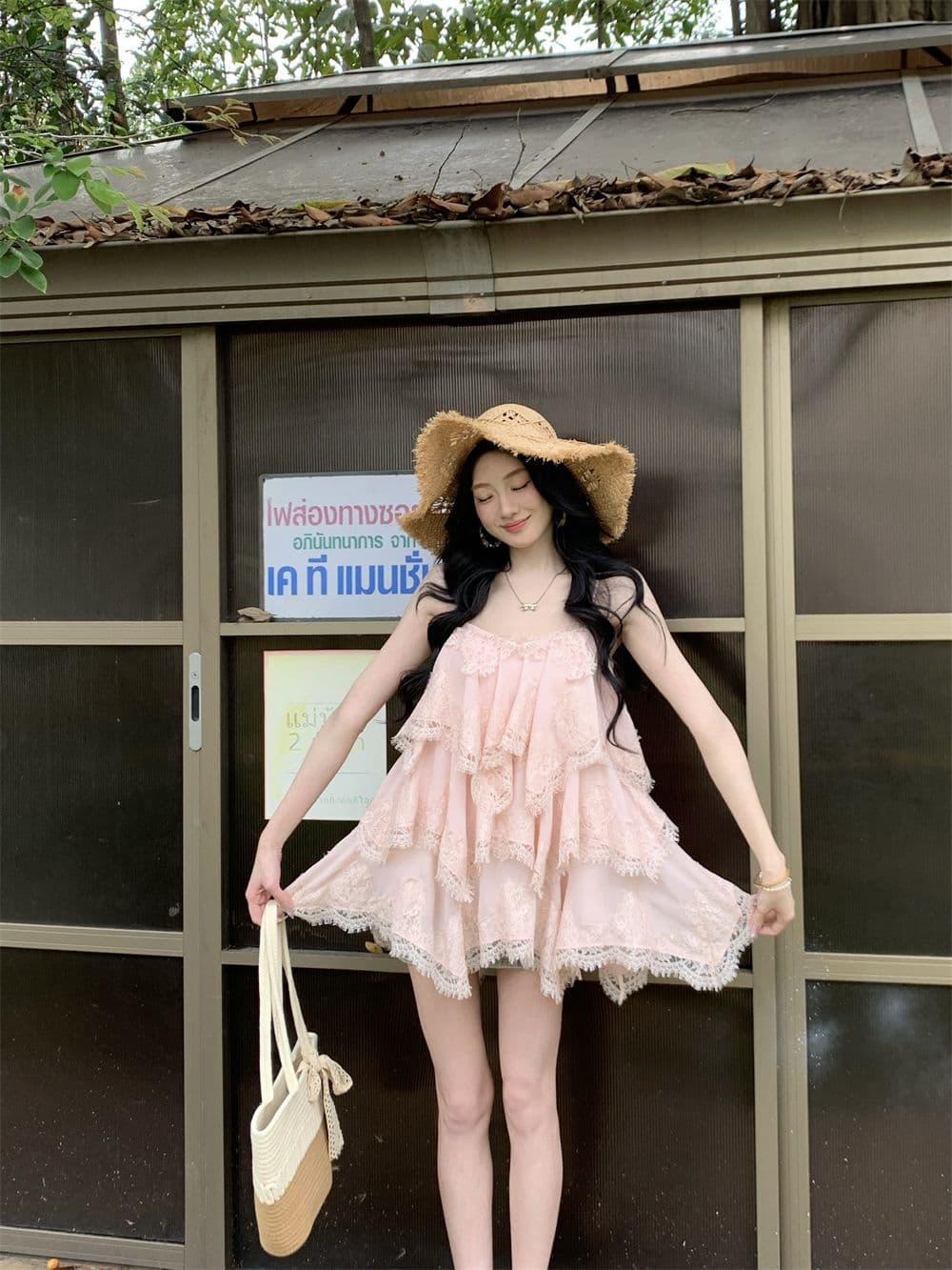 프랑스식 달콤함 휴가 바람 핑크색 레이스 슬립 드레스 여름 새로운 연령 감소 허리 수축 불규칙 미니 스커트 여성 상세 이미지 4