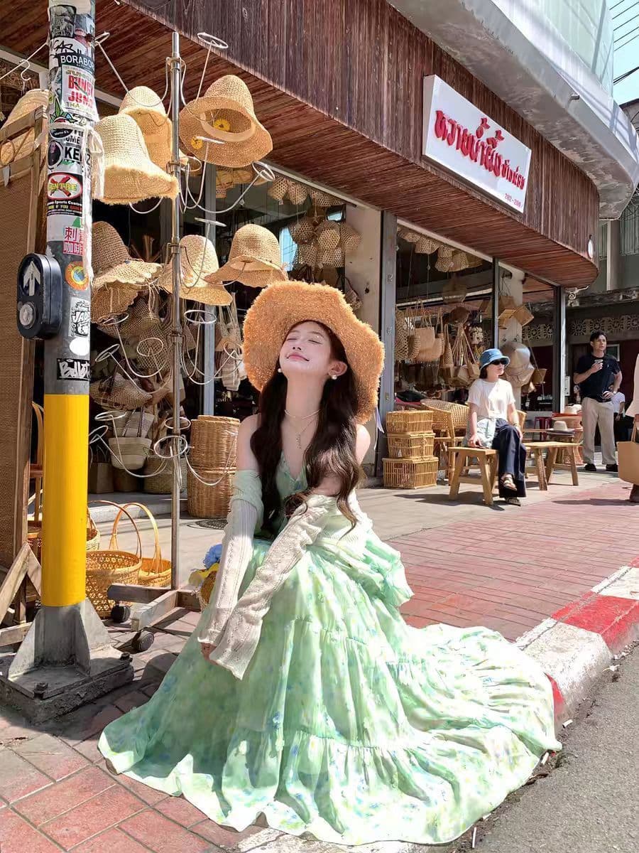 여름 새로운 분위기 센스 달콤함 부드러운 품격 연령 감소 꽃무늬 슬립 맨위 코디 하이웨이스트 롱 스커트 투피스 세트 상세 이미지 3