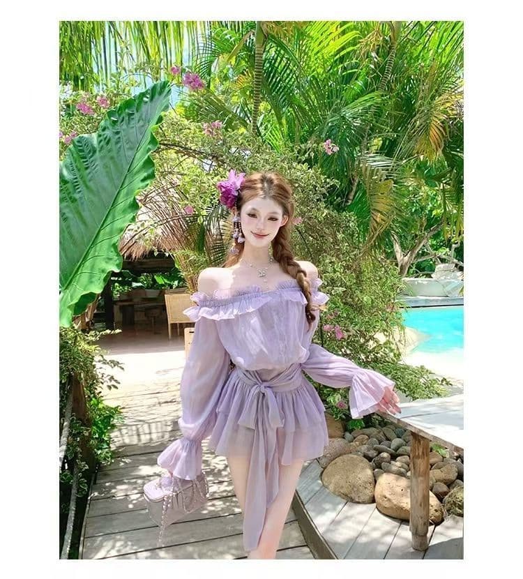 봄 새로운 프랑스식 달콤함 품격 연령 감소 디자인 센스 오프숄더 드레스 허리 수축 슬림해 보이는 보라색 미니 스커트 여성 상세 이미지 3