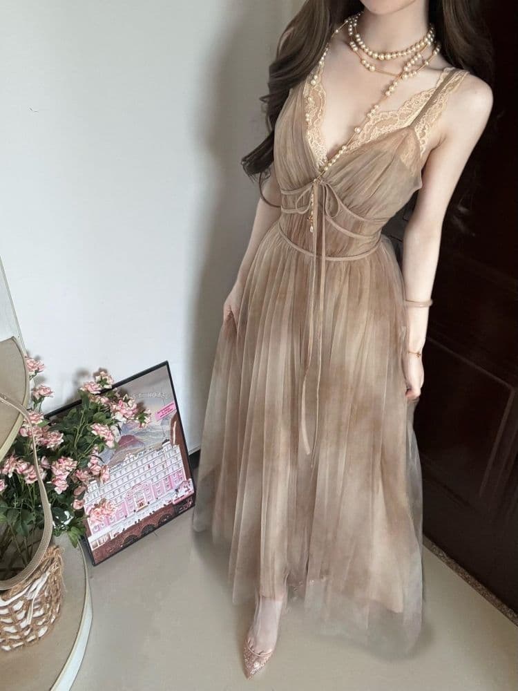 한 부서 고급 품격 헤일로 염색 휴가 바람 부드러운 분위기 센스 v 단어 칼라 레트로 민소매 허리 수축 슬림해 보이는 드레스 상세 이미지 2