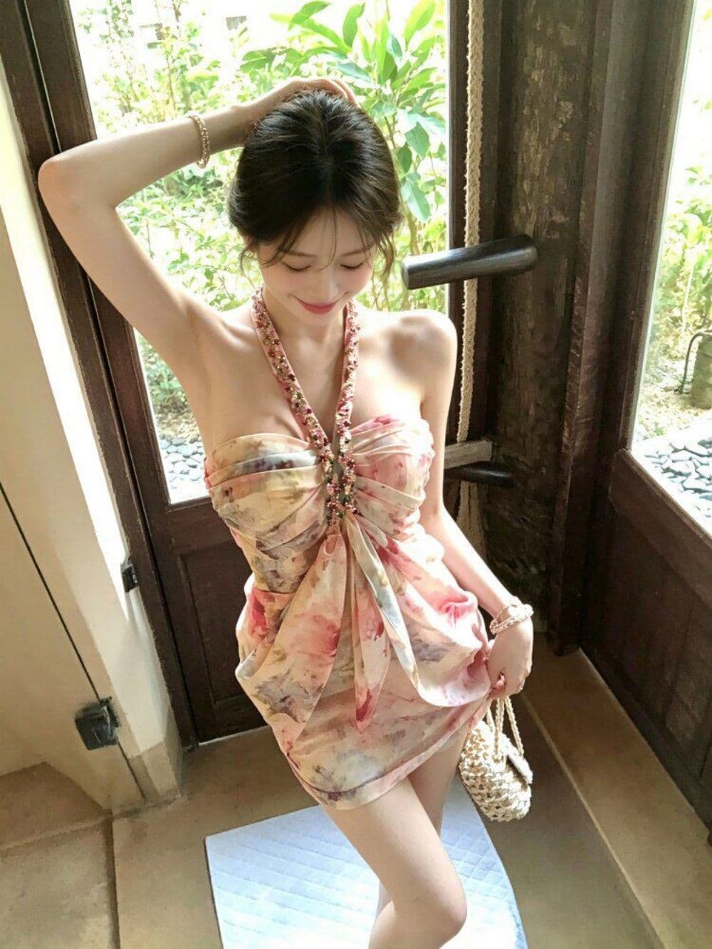 휴가 바람 헤일로 염색 꽃무늬 행침 목 여성 드레스 여름 고급 센스 명문 여성 무거운 작업 다이아몬드 세팅 섹시함 타이트 스커트 미니 스커트 상세 이미지 2