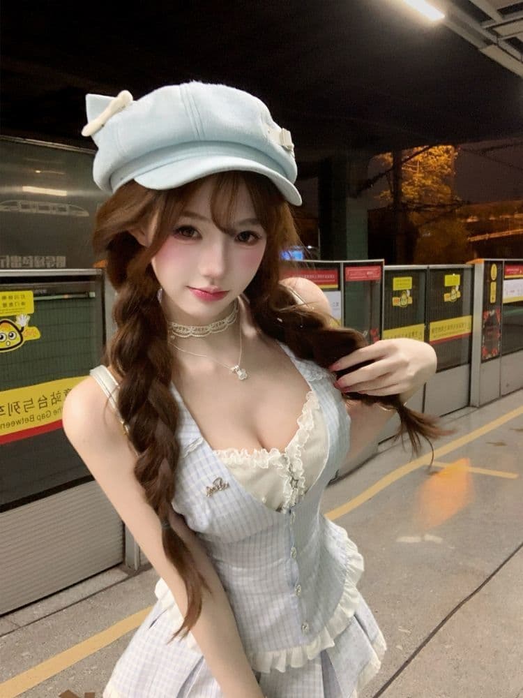 여름 달콤함 순수한 욕망 소녀 센스 디자인 품격 레이스 페이크 레이어드 맨위 코디 플리츠 미니 스커트 두 조각 여성 세트 이미지 4