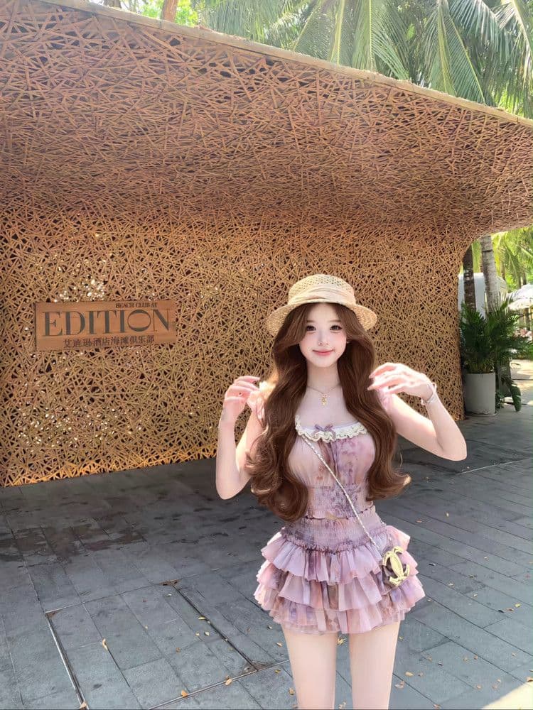 프랑스식 달콤한 스타일 순수한 욕망 아름다운 세트 작은 날다 소매 프린트 짧은 맨위 숲속 소녀 작은 키 케이크 드레스 반신 스커트 이미지 4