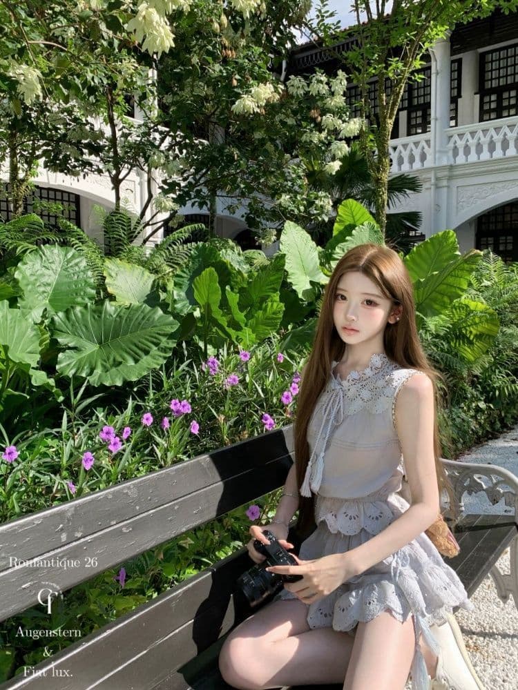 여름 새로운 분위기 센스 프랑스식 품격 패션 세트 레이스 나비 매듭 맨위 코디 하이웨이스트 반신 스커트 여성 상세 이미지 4