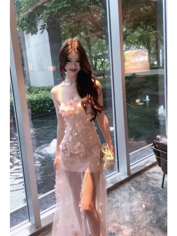프랑스식 순수한 욕망 바람 3 차원 꽃 튜브탑 여성 드레스 여름 휴가 바람 허리 수축 슬림해 보이는 망사 타이트 스커트 롱 스커트 이미지 3
