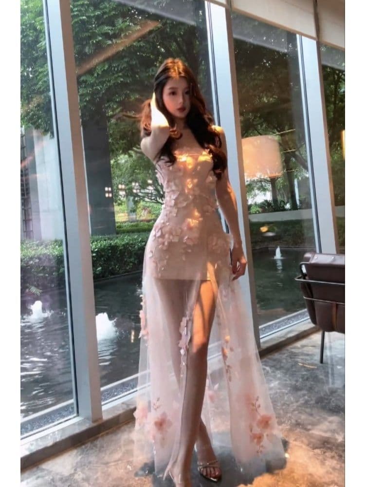 프랑스식 순수한 욕망 바람 3 차원 꽃 튜브탑 여성 드레스 여름 휴가 바람 허리 수축 슬림해 보이는 망사 타이트 스커트 롱 스커트 상세 이미지 3