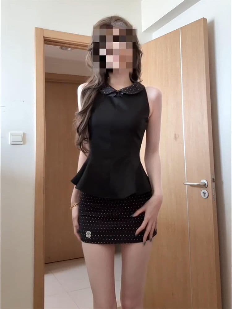 miu 부서 천 골드 센스 착용 가져 가라. 세트 여성 여름 베이비 칼라 허리 수축 민소매 맨위 도트 무늬 반신 스커트 투피스 세트 상세 이미지 4