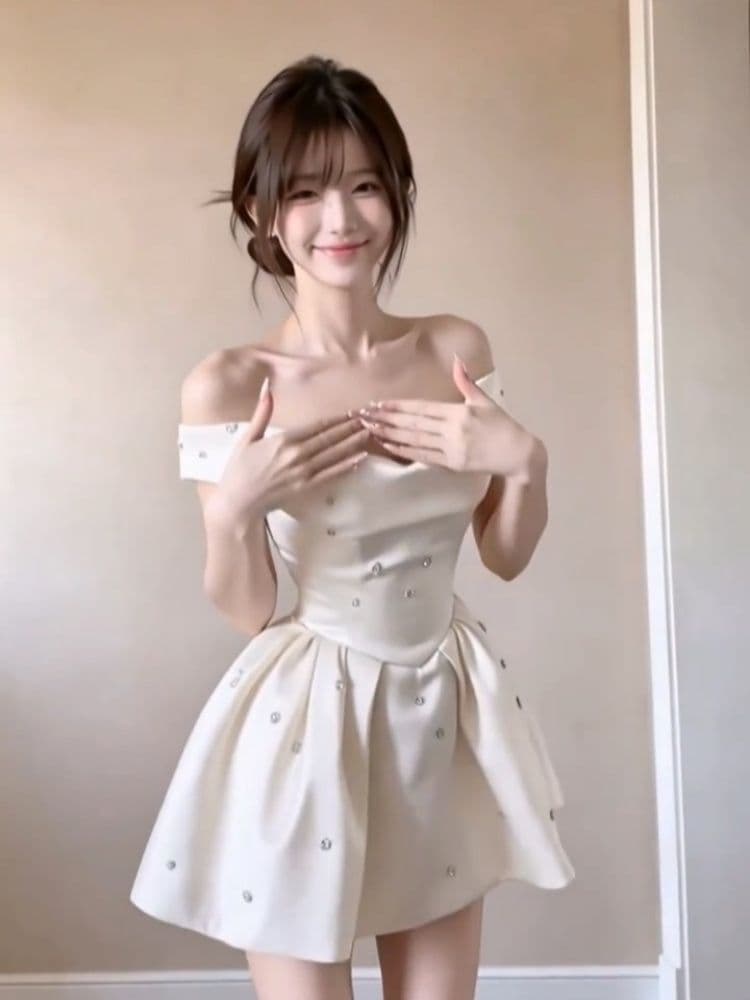 프랑스식 명문 여성 예복 치마 고급 빛 럭셔리 건강 일출 조각 치마 여름 허리 수축 슬림해 보이는 오프숄더 여성 드레스 상세 이미지 4