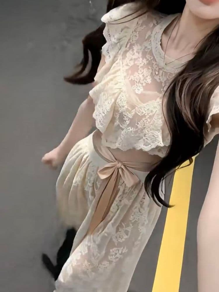 명문 여성 천 골드 여름 새로운 프랑스식 품격 디자인 센스 레이스 조각 맨위 코디 하이웨이스트 롱 스커트 투피스 세트 이미지 3