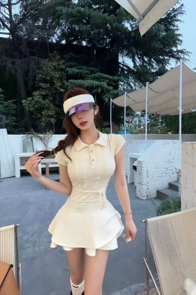 여름 새로운 한 부서 달콤함 품격 디자인 센스 미니멀리즘 몸매 가꾸기 반팔 패치워크 허리 수축 스트랩 점프 슈트 미니 스커트 여성 이미지 5