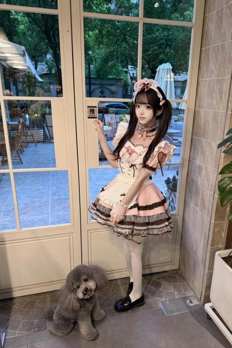 달콤함 일본식 귀여운 lolita 세트 레이스 나비 매듭 패치워크 허리 수축 슬림해 보이는 드레스 앞치마 투피스 세트 이미지 5