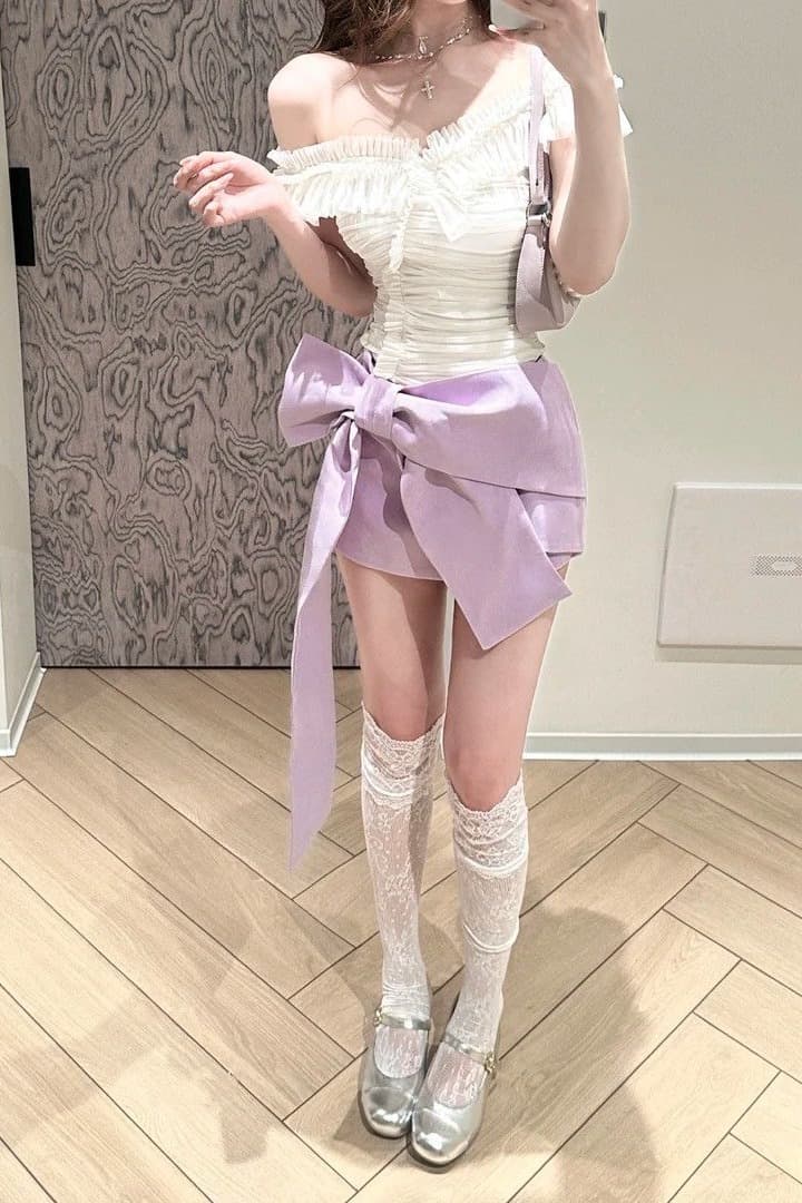 순수한 욕망 바람 핫걸 디자인 센스 주름 오프숄더 맨위 나비 매듭 리본 타이트 스커트 미니 스커트 세트 여성 여름 이미지 4