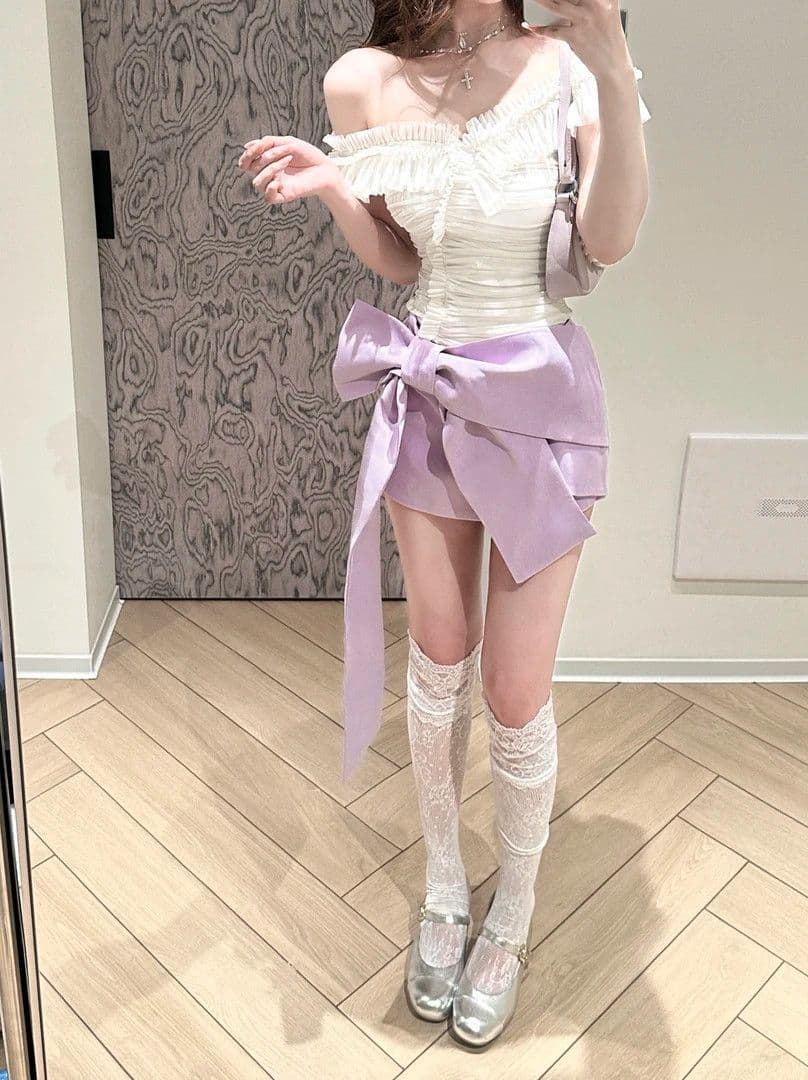 순수한 욕망 바람 핫걸 디자인 센스 주름 오프숄더 맨위 나비 매듭 리본 타이트 스커트 미니 스커트 세트 여성 여름 상세 이미지 3