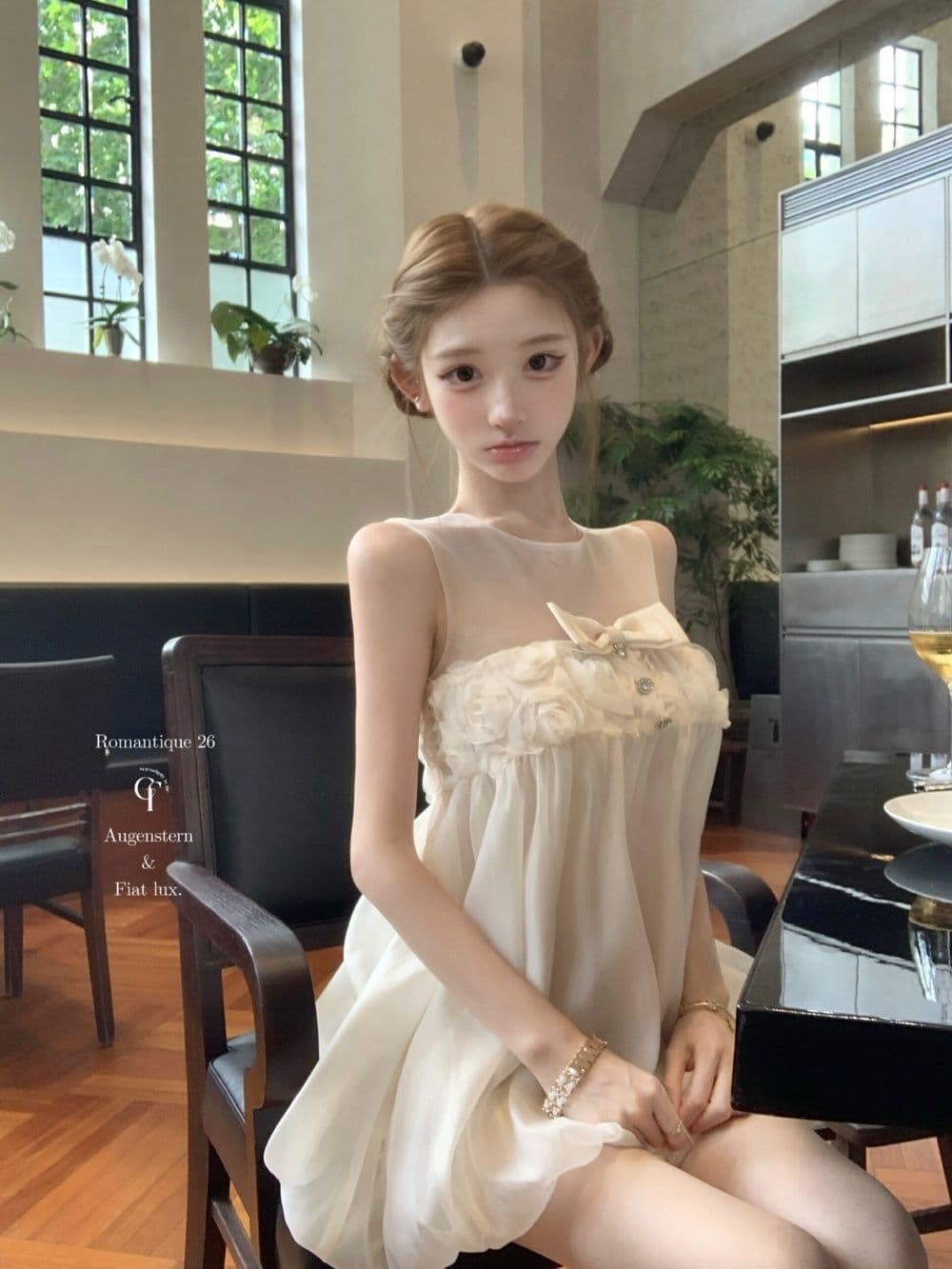 프랑스식 천 골드 센스 나비 매듭 훈련 버클 실 인터넷 민소매 여성 드레스 여름 작은 키 루즈핏 퍼프 꽃밭 치마 상세 이미지 1