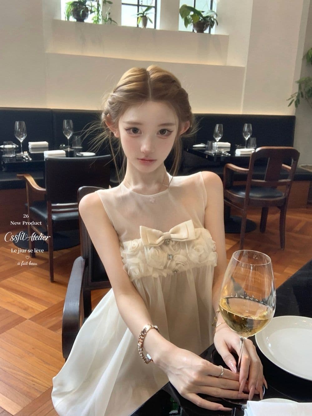 프랑스식 천 골드 센스 나비 매듭 훈련 버클 실 인터넷 민소매 여성 드레스 여름 작은 키 루즈핏 퍼프 꽃밭 치마 상세 이미지 3