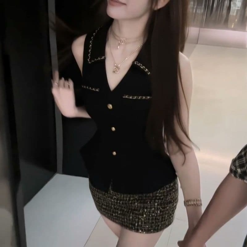 프랑스식 명문 여성 작은 샤넬 스타일 다이아몬드 세팅 허리 수축 민소매 행침 목 맨위 여름 새로운 스팽글 타이트 스커트 반신 치마 세트 이미지 3