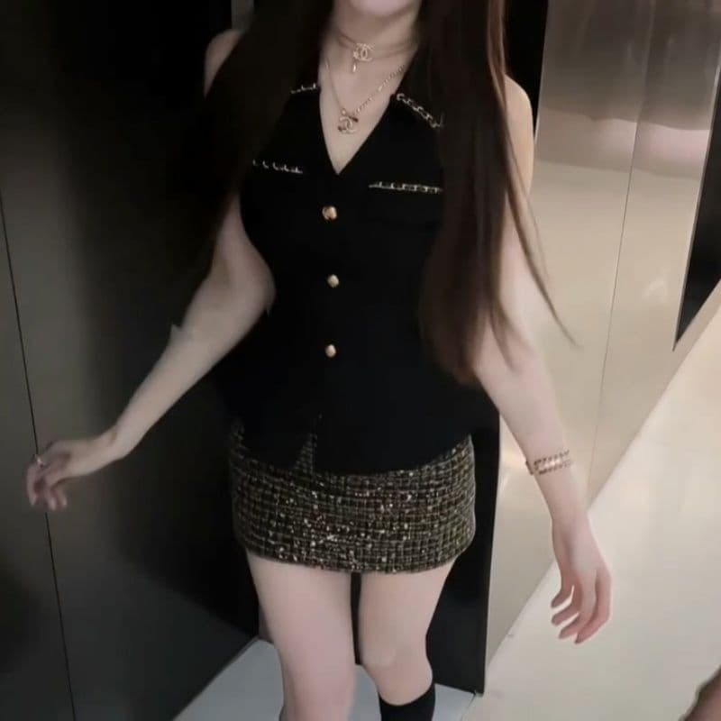프랑스식 명문 여성 작은 샤넬 스타일 다이아몬드 세팅 허리 수축 민소매 행침 목 맨위 여름 새로운 스팽글 타이트 스커트 반신 치마 세트 상세 이미지 2