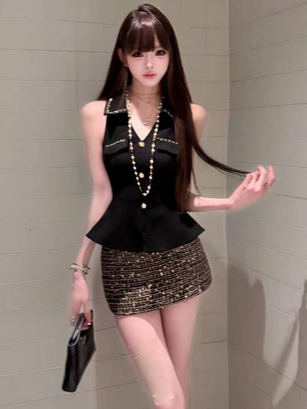 프랑스식 명문 여성 작은 샤넬 스타일 다이아몬드 세팅 허리 수축 민소매 행침 목 맨위 여름 새로운 스팽글 타이트 스커트 반신 치마 세트 상세 이미지 4