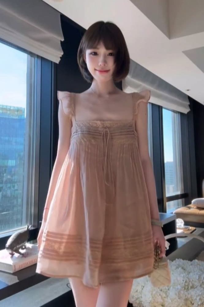 프랑스식 순수한 욕망 바람 레이스 광장 칼라 슬립 작은 날다 소매 드레스 여름 새로운 외국 가스 루즈핏 슬림해 보이는 A라인 스커트 이미지 5