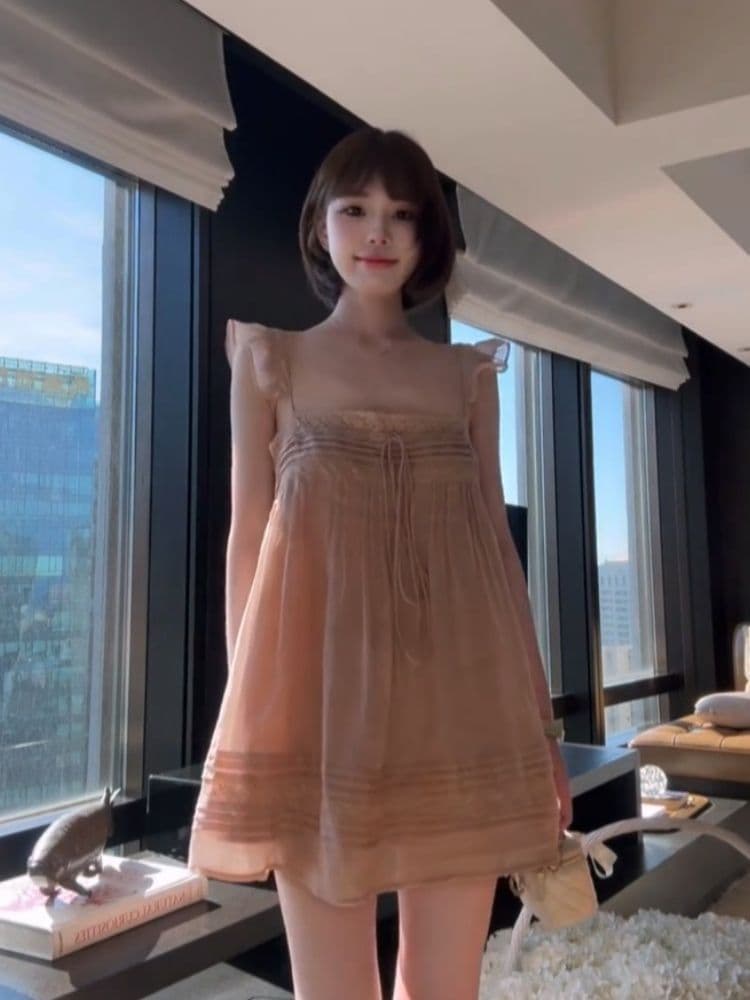 프랑스식 순수한 욕망 바람 레이스 광장 칼라 슬립 작은 날다 소매 드레스 여름 새로운 외국 가스 루즈핏 슬림해 보이는 A라인 스커트 상세 이미지 1