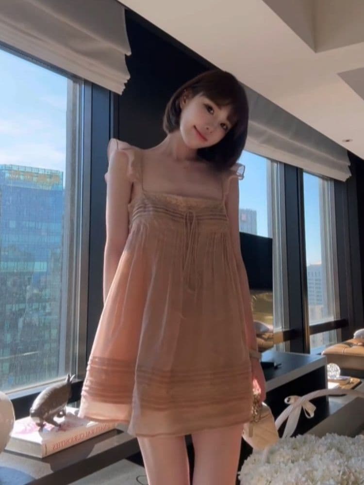 프랑스식 순수한 욕망 바람 레이스 광장 칼라 슬립 작은 날다 소매 드레스 여름 새로운 외국 가스 루즈핏 슬림해 보이는 A라인 스커트 상세 이미지 2