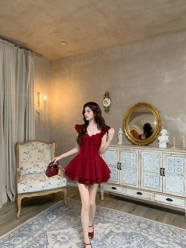 새로운 프랑스식 천 금빛 바람 로즈 레드 레트로 부드러운 품격 나비 매듭 달콤함 패치워크 허리 수축 점프 슈트 미니 스커트 여성 이미지 4