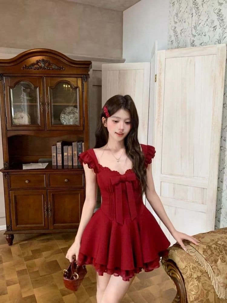 새로운 프랑스식 천 금빛 바람 로즈 레드 레트로 부드러운 품격 나비 매듭 달콤함 패치워크 허리 수축 점프 슈트 미니 스커트 여성 상세 이미지 2
