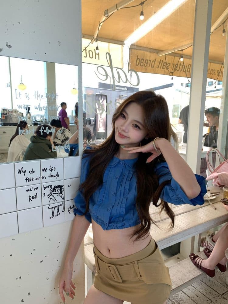한 부서 순수한 욕망 핫걸 패션 파란색 디자인 프릴 쇼트 스타일 맨위 로우 웨이스트 타이트 스커트 반신 미니 스커트 투피스 세트 이미지 4