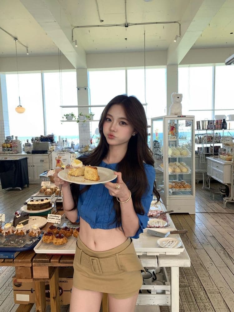 한 부서 순수한 욕망 핫걸 패션 파란색 디자인 프릴 쇼트 스타일 맨위 로우 웨이스트 타이트 스커트 반신 미니 스커트 투피스 세트 상세 이미지 2
