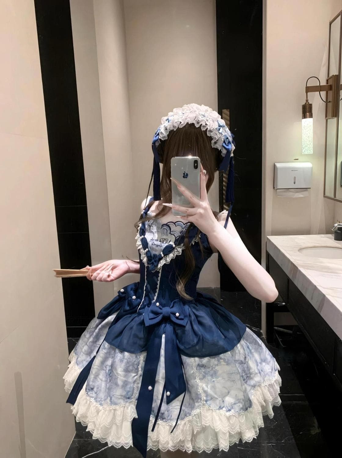 귀여운 소녀 센스 분위기 센스 달콤함 드레스 배색 패치워크 나비 매듭 허리 수축 퍼프 치마 여름 새로운 상세 이미지 3
