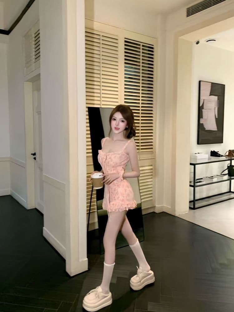 한 부서 고급 센스 순수한 욕망 핑크색 꽃무늬 허리 수축 슬림해 보이는 달콤한 매운맛 바람 프릴 스트랩 슬립 쇼트 스타일 드레스 상세 이미지 1