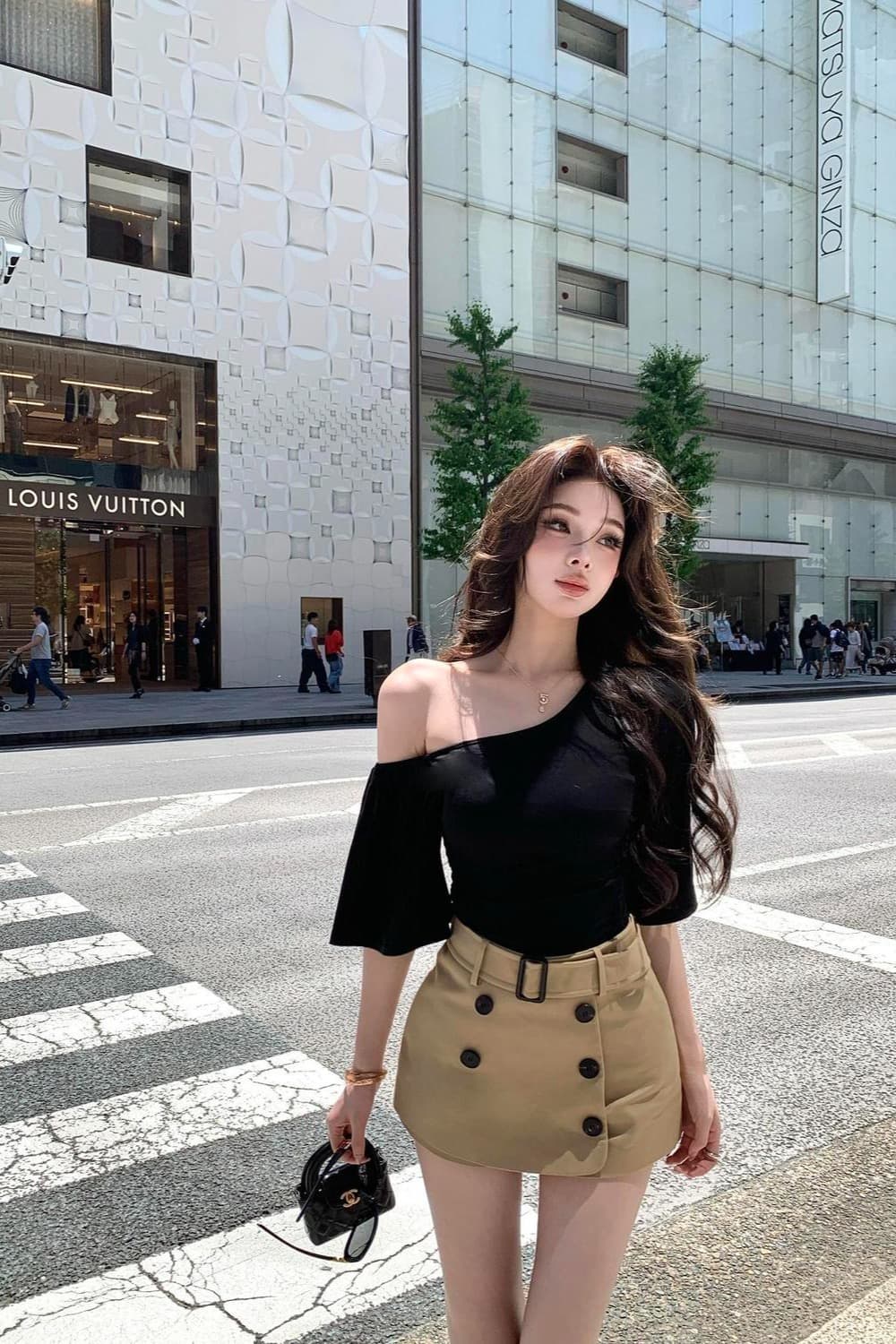 달콤함 품격 학원 스타일 소녀 센스 나비 매듭 도트 무늬 홀로우 아웃 맨위 허리 수축 검정색 플리츠 스커트 투피스 세트 이미지 5