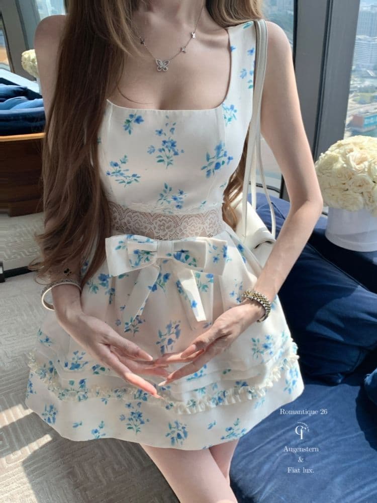 새로운 달콤함 우아함 고급 센스 꽃무늬 슬립 스퀘어 입 칼라 레이스 나비 매듭 패치워크 허리 수축 점프 슈트 미니 스커트 여성 이미지 4