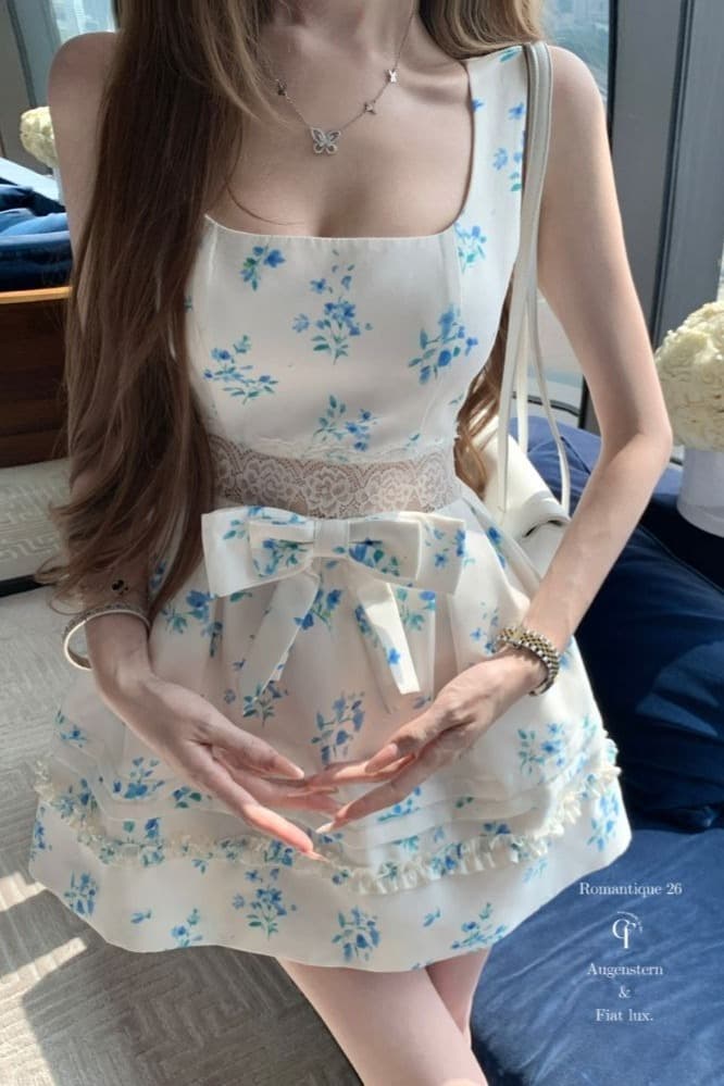 새로운 달콤함 우아함 고급 센스 꽃무늬 슬립 스퀘어 입 칼라 레이스 나비 매듭 패치워크 허리 수축 점프 슈트 미니 스커트 여성 이미지 5