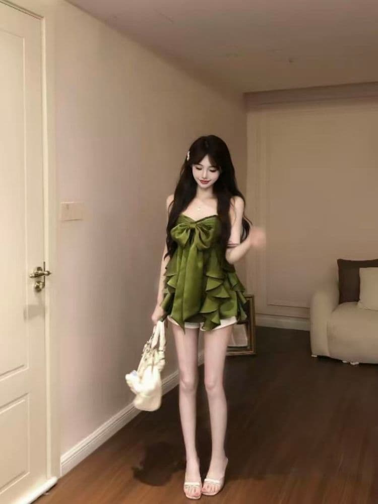 여름 품격 순수한 욕망 바람 디자인 센스 핫걸 명문 여성 녹색 아름다운 나비 매듭 프릴 몸매 가꾸기 점프 슈트 미니 스커트 상세 이미지 2