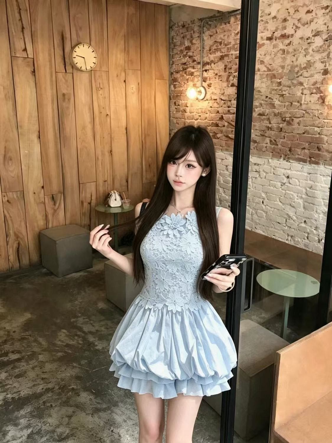 프랑스식 부유 한 가족 천 골드 부드러운 숙녀 바람 파란색 드레스 무거운 작업 레이스 허리 수축 슬림해 보이는 꽃밭 퍼프 미니 스커트 이미지 4