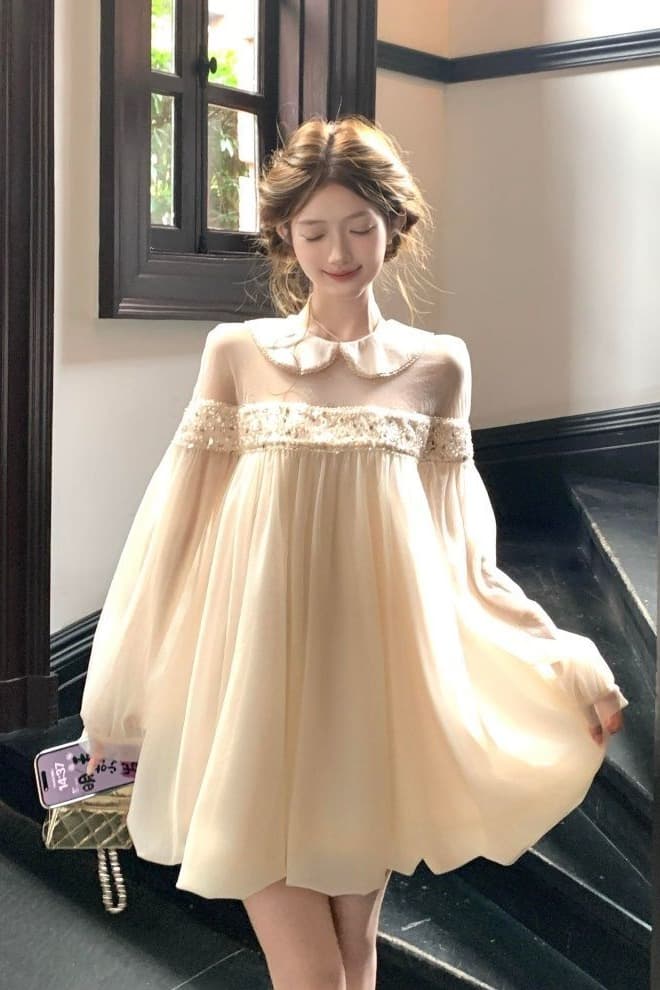 프랑스식 달콤한 스타일 망사 비즈 박기 베이비 칼라 드레스 이른 가을 새로운 외국 가스 슈퍼 요정 루즈핏 슬림해 보이는 꽃밭 치마 이미지 5